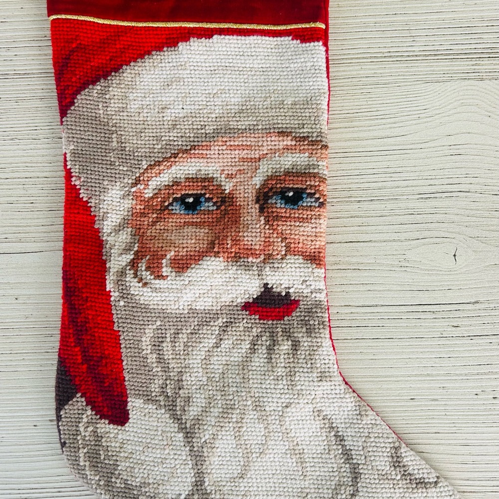 Vintage Needlepoint Santa Stocking Velvet Personalized Adyson Cottage Core